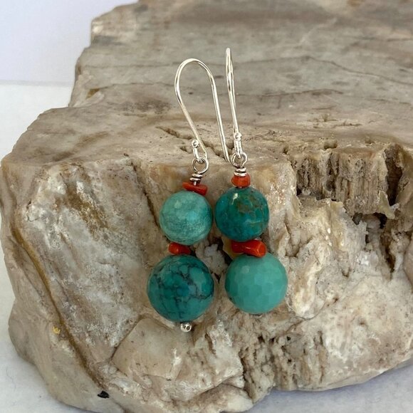 Sterling Silver 925 1.7" Faceted Turquoise Red Coral Beaded Dangle Drop Earrings - Picture 5 of 16